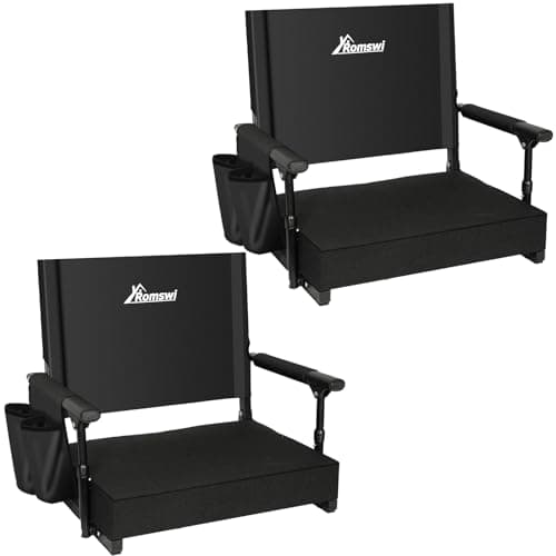 Romswi 2-Pack 2.8" Thick Stadium Seats with Back Support & Armrests, Lightweight Bleacher Chairs with 2 Cup Holders, Portable for Football Games & Events, Support Up to 400lbs, Black