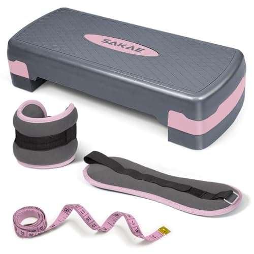 Aerobic Step Platform Set with Ankle Weights & Measuring Tape, Exercise Steppers for Home Gym Exercise Fitness, Adjustable Height 2 Level Risers Workout Step Platform Trainer, Pink Grey