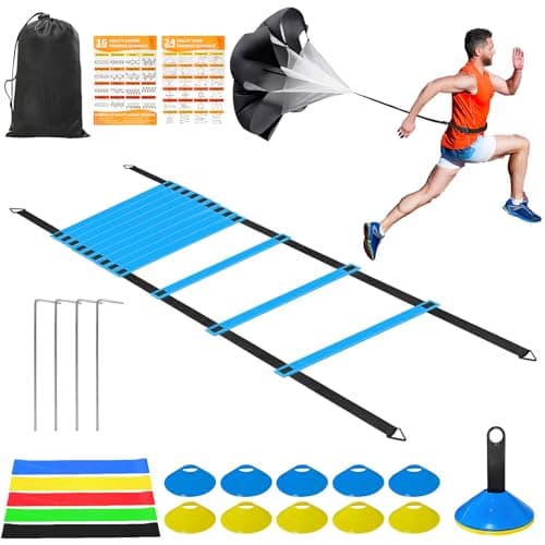 Panykoo Speed Agility Training Equipment Set - 20ft Agility Ladder, 10 Disc Cones, Resistance Parachute, 5 Resistance Bands & Carry Bag | Football Soccer Basketball Fitness Drills for Kids Adults