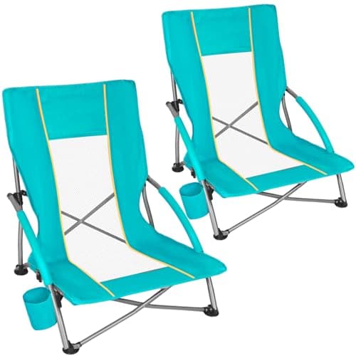 Romswi Low Beach Chairs for Adults 2 Pack, Lightweight Folding Sand Chairs with Breathable Mesh Back & Cup Holder, Portable Compact Camping Chairs, 400lbs Capacity,Green