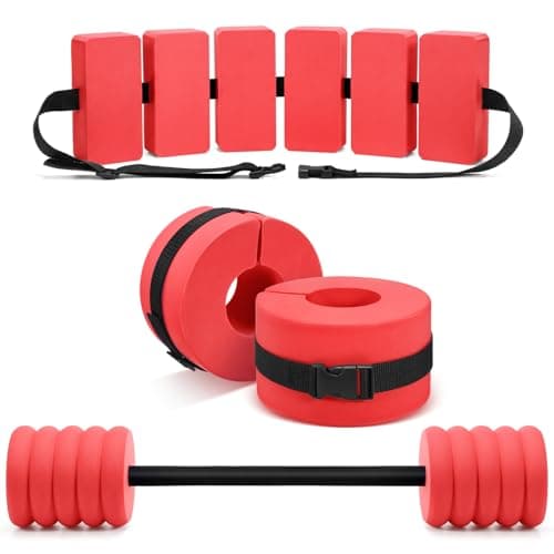 Soulchen Pool Exercise Set Including Long Aquatic Exercise Dumbbells,Pool Ankle Weights,Swim Belt,Water Aerobics Water Aerobics Equipment Set for Full Body Swim Training Kit(Red,Middle)