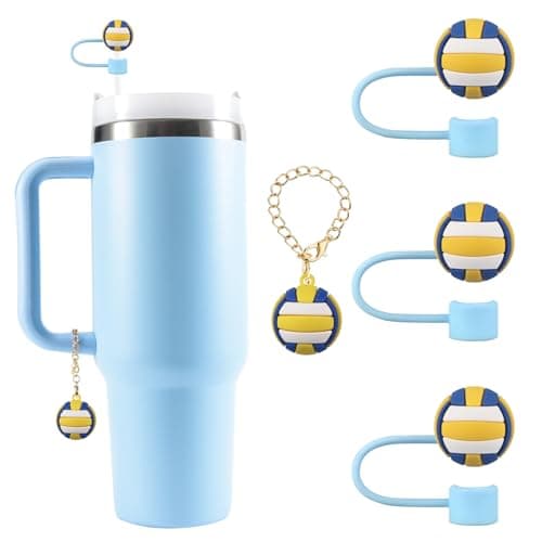 3PCS Straw Cover for Stanley Cup 30&40 Oz 10mm Silicone Straw Topper Protector Lid with 1PCS 3D Personalized Volleyball Charm Stanley Tumblers Accessories (3pcs Volleyball +1pcs Volleyball Charm)