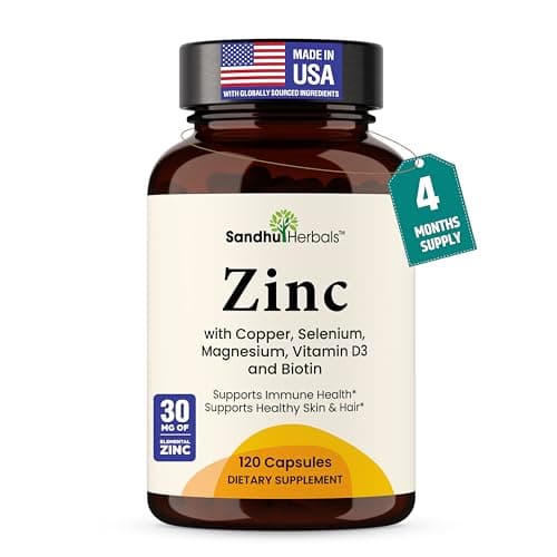 Zinc 30mg with Copper, Selenium & Vitamin D3 | 120 Capsules | Magnesium, Vitamin B6, Biotin Complex | Absorbable Chelated Zink Supplements for Men & Women | for Hair, Skin, Nails & Immune Support