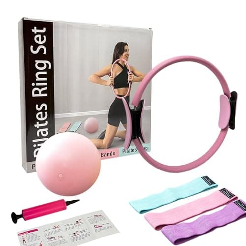Gymyard Pilates Ring Kit with Mini Ball & 3 Resistance Bands, At Home Pilates Equipment Set for Toning, Strength & Core Work, 15'' Magic Circle & 3-Level Bands (Pink)