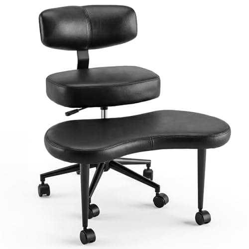 HAPPYMONT Ergonomic Cross Legged Office Chair with Adjustable Backrest and Seat, 360° Swivel Meditation PU Leather Yoga Stool Desk Chair for ADHD with Footrest, 350lbs Capacity, Black