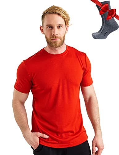 Merino Wool T-Shirt Mens - Merino Wool Undershirt Thermal Shirt for Men and Hiking Socks (X-Large, Red)