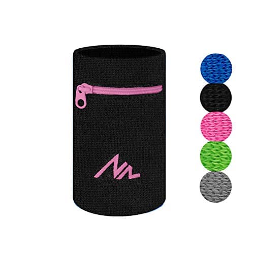 NEWZILL Wrist Wallet (Wristband) with Zipper - Cotton Sweatbands for Men & Women, Ideal for Running, Walking, Basketball, Football, Tennis, Hiking, Workout, and More (Long, Black/Pink)