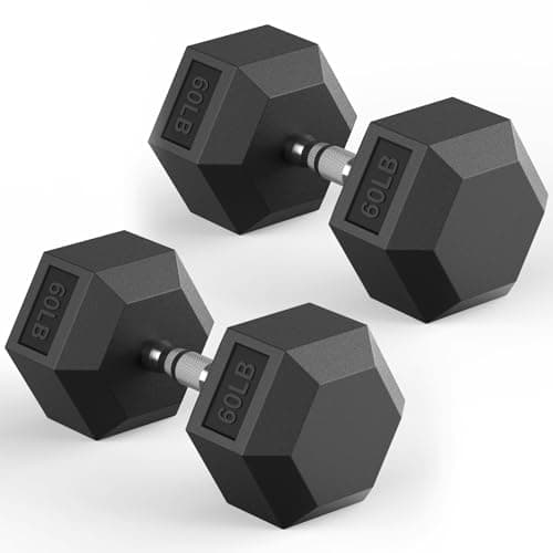 Hex Dumbbells Rubber Encased Strength Training Hand Weights for Home Gym Workout, Exercise & Fitness/Pair of 60LB