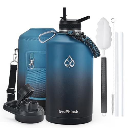 EvoPhlask 1 Gallon Water Bottle Insulated, Vacuum Stainless Steel Water Bottle Keep Cold 48Hrs, 128 oz Large Gallon Water Jug for Travel, Sport, Gym, Hiking with Carrier Bag, Indigo/Black