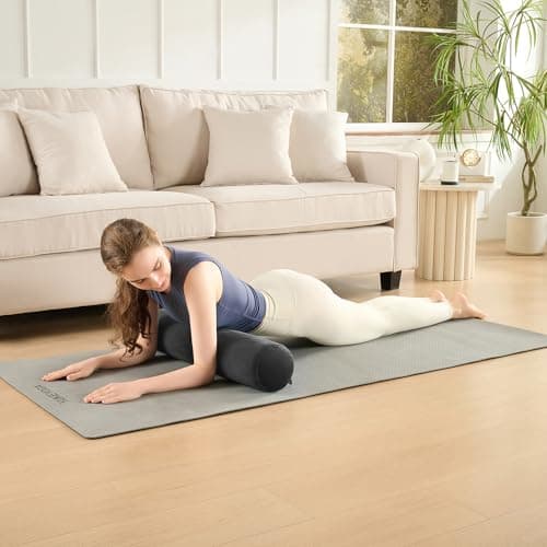 Premium Yoga Bolster Pillow 6″ × 26″ — Supportive Cylinder Shape Filled with EPS Beans for Stretching, Meditation, Pilates & Deep Relaxation, Removable Cover, Gray
