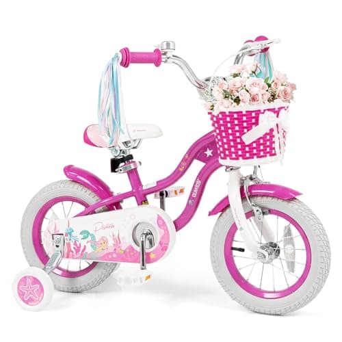 Olakids Kids Bike, 12 14 16 18 20 Inch Mermaid Theme Girls Bicycle with Training Wheels Basket Adjustable Seat and Handlebar Dual Brake (12 Inch, Rose)