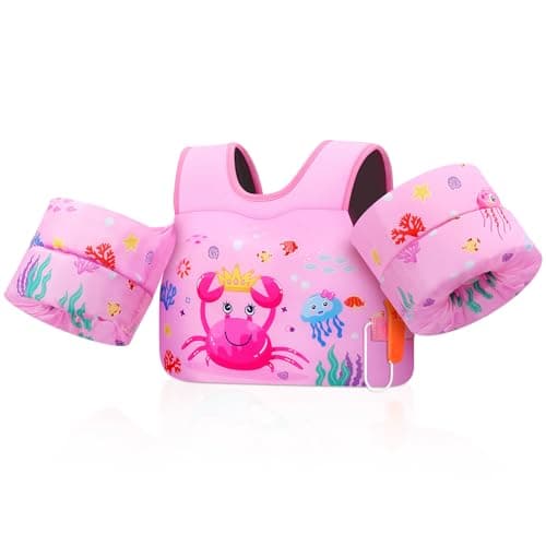 MoKo Toddler Swim Vest - Cute Toddler Floaties with Emergency Whistle for Boys and Girls 13-20-30 lbs Water Wings Arm Band Floaties Swim Training Equipment for Beach Swimming Pool Sea, Pink Crab