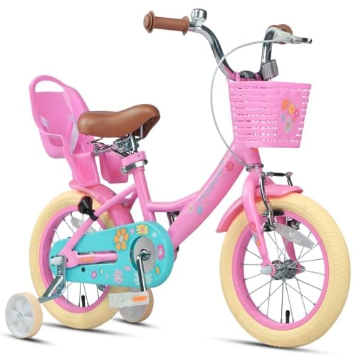 Glerc Maggie Girls Bike, 14 Inch Kids Bike for 3-5 Years Old Children, Princess Style Kids Bicycle with Doll-Seat & Basket & Training Wheels, Pink