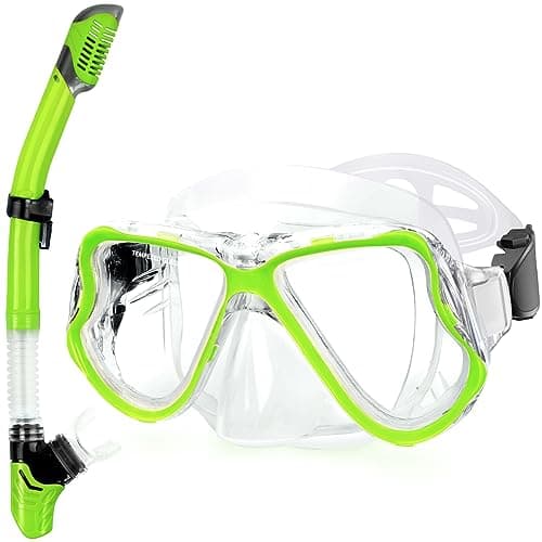 Greatever Dry Snorkel Set,Panoramic Wide View Anti-Fog Scuba Diving Mask,Professional Snorkeling Gear for Adults Kids