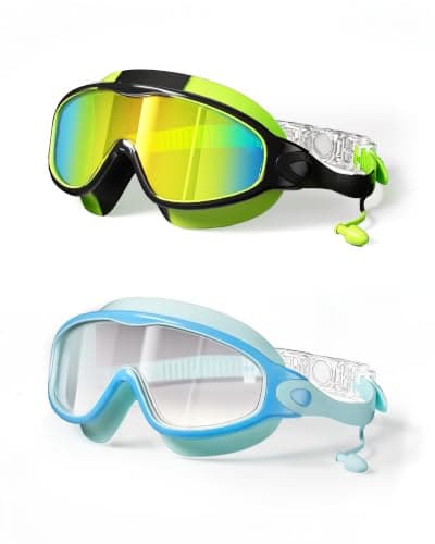 YLKJSWIM Swim Goggles for Kids 3-15 with Earplugs Large Frame Anti-Fog/UV Swimming Goggles for Boys Girls Toddler 2PCS (Green Black+Blue New)