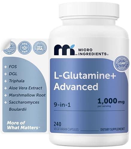 Micro Ingredients L-Glutamine+ Advanced 1000mg Per Serving, 240 Vegetarian Capsules | 9-in-1 Amino Acid Supplement with FOS Fiber, Probiotics, Aloe Vera, DGL & Marshmallow Root | Non-GMO, Gluten Free