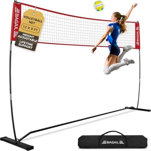 BAGAIL Volleyball Net, 12ft Portable Volleyball Net for Backyard - Adjustable Height, Heavy-Duty Frame, Freestanding Design - Portable Outdoor/Indoor Volleyball Set with Carry Bag - Red