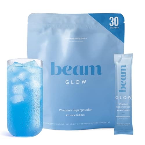 BEAM Glow Hormone Support & Cortisol Supplement for Women - Daily Vitamins for Women with Ashwagandha, Selenium, Zinc, Vitamin A, Biotin for Cycle Health, Mood & Energy, Blue Raspberry, 30 Servings
