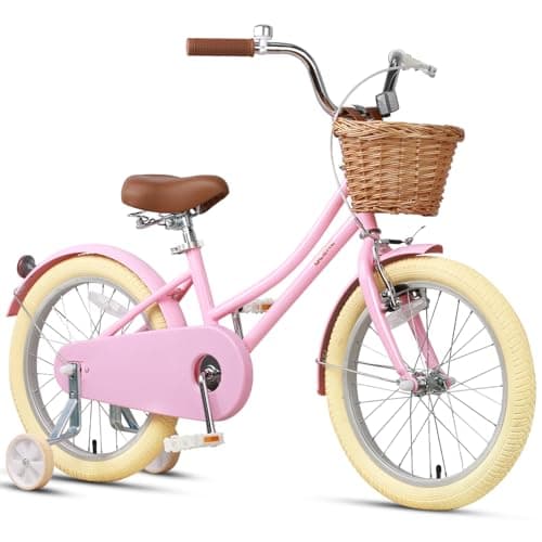 Glerc Little Molly 18 Inch Kids Bike, Retro Cruiser Girls Bike for Children Ages 5-9 Years Old, Kids Bicycle with Wicker Basket & Kickstand, Pink