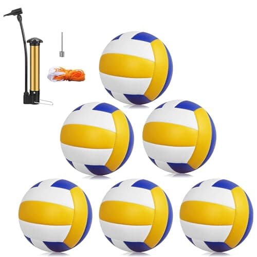 Magicorange Volleyball, 6 Pack Official Size 5 Soft Touch Recreational Volleyballs- PU Leather Indoor Outdoor Volleyballs for Beach Play, Game,Gym,Training -Includes Ball Pump (Blue Yellow)