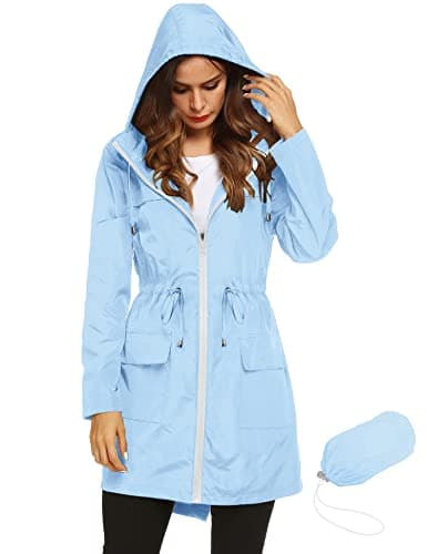 LOMON Women's Lightweight Hooded Raincoat Active Waterproof Outdoor Hiking Jacket Waist Drawstring Light Blue M