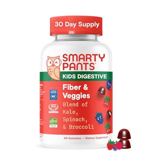 SmartyPants Kids Fiber & Veggies Prebiotic Fiber Gummies with Inulin and Organic Green Veggie Blend, Gluten Free, Vegan, Clean Label, Mixed Berry Flavors, 60 Gummies (30 Day Supply)