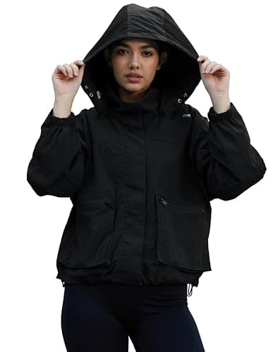 PESION Womens Black Waterproof Raincoat Lightweight Rain Jacket Trench Coat Removable Hooded Windbreaker With Pockets for Outdoor, Black, X-Large