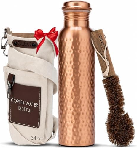 CLEO HOME 100% Pure Copper Water Bottle for Drinking, 34 Oz Hammered Ayurvedic Copper Bottle for Drinking Water | Leak-Proof & Eco-Friendly | For Yoga, Office, Travel with Canvas Carry Bag & Brush