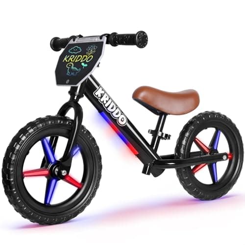 KRIDDO Toddler Balance Bike 2 Years Old, 12-Inch Colorful Lighting-Up Push Bicycle with LCD Writing Tablet, Steady Balancing, Gift Bike for 2-5 Boys Girls, LED-Black