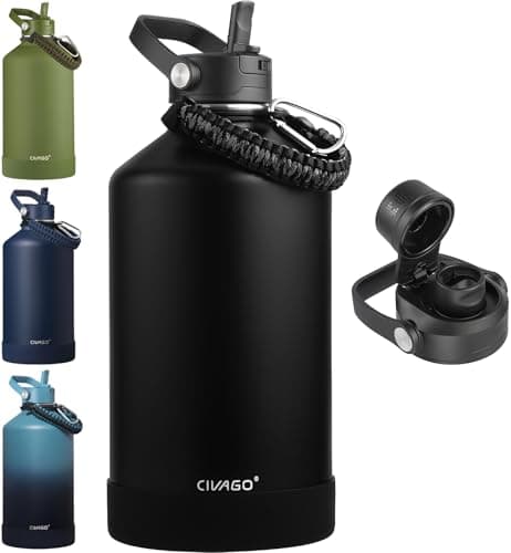 CIVAGO Gallon Insulated Stainless Steel Water Bottle with Detachable Straw, 128 oz Large Water Jug with Bucket Handle, Big Metal Leakproof Flask with Silicone Boot for Gym, Dishwasher Safe, Black