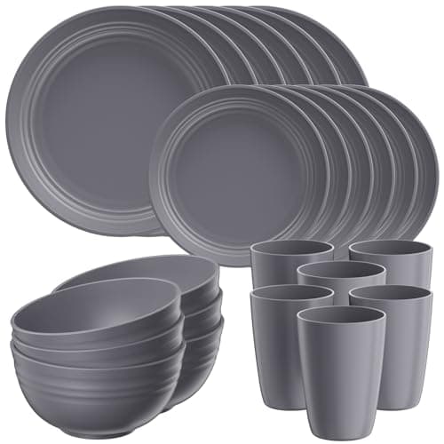 Quatish 24 Piece Plates and Bowls Sets for 6, Unbreakable Dinnerware Sets, Plastic Dish Set for Camping, Dishwasher Microwave Safe, Outdoor Kitchen and Apartment Dorm Dinning RV Essentials, Grey