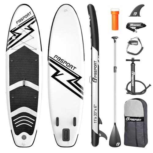 FBSPORT 11' Premium Stand Up Paddle Board, Yoga Board with SUP Accessories & Carry Bag | Wide Stance, Surf Control, Non-Slip Deck, Leash, Paddle and Pump for Youth & Adult (Black White)