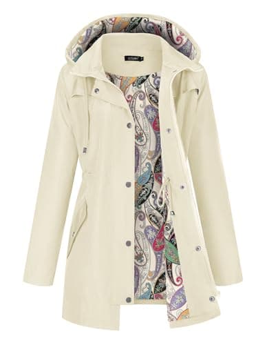 LOMON Women Waterproof Rain Jacket Lightweight Hooded Jackets Women Casual Lined Coats Outdoor Hiking Raincoat Beige Floral XL