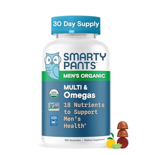 SmartyPants Men’s Organic Multi & Omegas Multivitamin Gummies with Omega 3 ALA, Methylfolate, Vitamin D3, C, B12, B6, A, K, Biotin, Clean Label, Vegetarian, 3 Fruit Flavors, 120 Count (30 Day Supply)