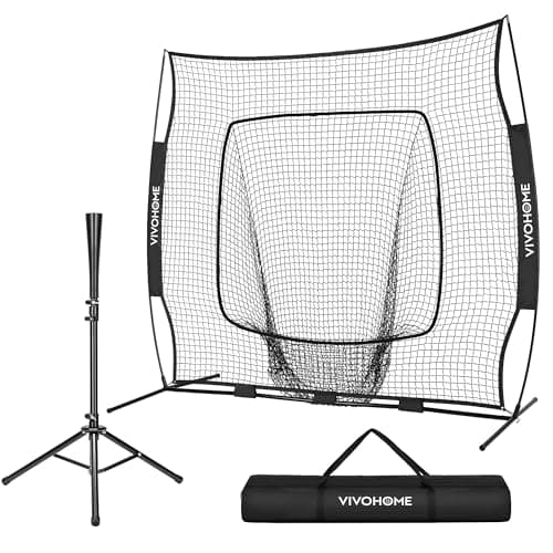 VIVOHOME Baseball Softball Batting Net - 7x7 Ft Baseball Backstop, Softball Practice Net for Hitting, Pitching, Throwing with Batting Tee and Carry Bag, Black