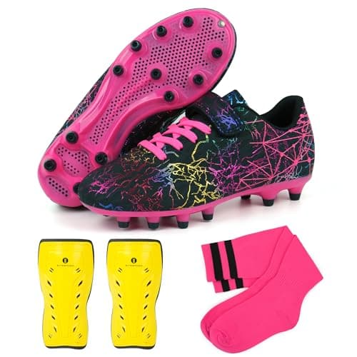brooman Kids Firm Ground Soccer Cleats Girls Football Cleats with Shin Guards and Soccer Socks (9,Black Fuchsia)
