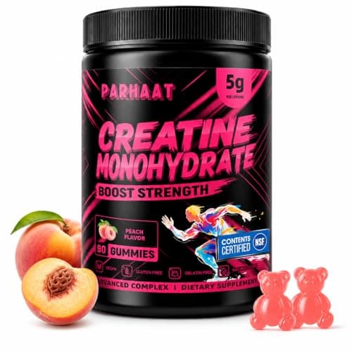 Parhaat NSF Certified Creatine Gummy - Creatine Monohydrate Gummies 5g for Men & Women - Boost Focus,Strength, and Endurance, Vegan, Gluten-Free, Non-GMO, 2.5 Gram Creatine per Gummy (Peach 90 ct)