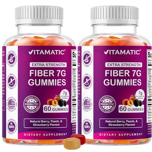 Vitamatic Prebiotic Fiber Gummies for Adults – 2 Pack (Total 120 Gummies) 7g Fiber per Serving | Extra Strength | Zero Sugar Added | Pectin-Based | Digestive Health & Regularity Support