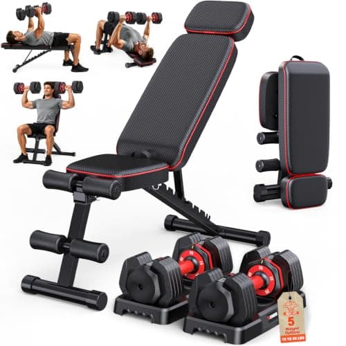 Adjustable Dumbbells Set of 2, 1 Hand Adjustable Weights Dumbbell Set and Workout Bench, 25/55/80lb Pair Weight Set For Home Gym Suit both Men and Women, Compact for Small Space Apartment Room