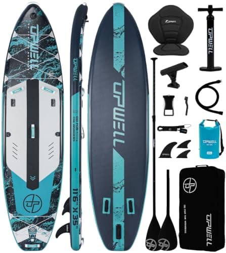 UPWELL 11'6"×35" Extra Wide Inflatable Paddle Board for Fishing, Stand Up Paddle Board with Seat, Sup Paddle Boards for Adults, Atlantic