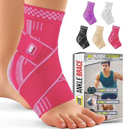 BLITZU Ankle Brace for Women, Men, Plantar Fasciitis Relief, Achilles Tendonitis Brace for Sprained Foot, Ankle Compression Sleeve with Strap Pink M