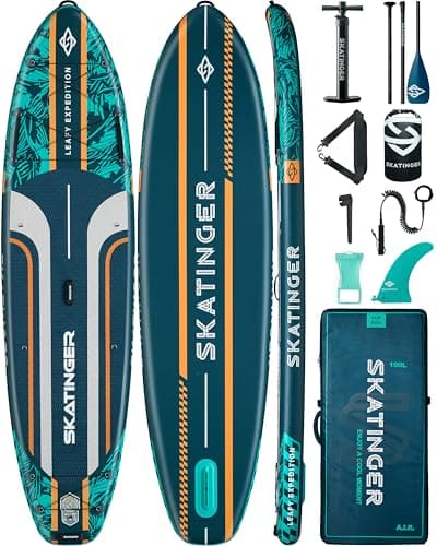 Skatinger 11'6×35" Super Wide Inflatable Paddle Board, Ultra Stable Stand Up Paddleboards for 450lb/3 People/Family/Big Size, Shoulder Strap, 5 Handles, Backpack, All-Round Sup Board, US Fin, Green
