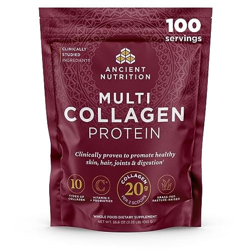 Ancient Nutrition Collagen Peptides Powder, Multi Collagen Protein, Women & Men, Vitamin C, Probiotics, Hydrolyzed Collagen, Supports Skin, Joints, Gut Health, Unflavored, 100 Servings