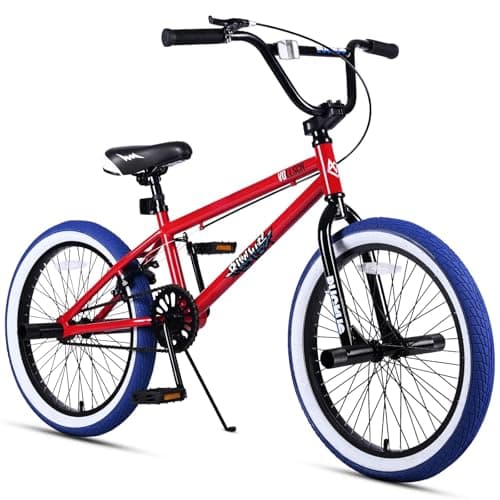 vollsch Freestyle BMX Bikes 20 Inch Kids Bicycle for 8-15 Years Old Teens, Boys, Girls, Beginner-Lever Riders, Red with Blue Tires