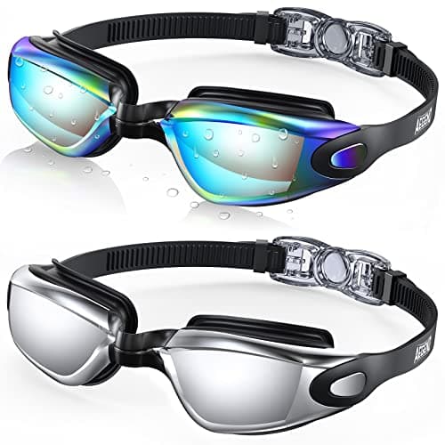 Aegend Swim Goggles 2-Pack, No Leaking Anti-Fog UV Protection Mirrored Swim Glasses for Adult Men Women, Wide View Outdoor