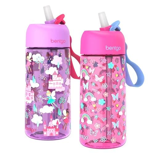 Bentgo Kids Water Bottle 2-Pack - Leak-Proof Durable Tritan BPA-Free 15 oz Cup for Kids/Toddlers Ages 3+; Bite & Sip Spout + Dishwasher Safe for School/Sports/Daycare (Rainbows & Butterflies/Fairies)