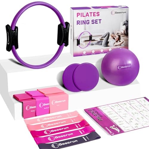 Goocrun Pilates Ring Set Exercise Equipment, with Exercise Resistance Bands Set, Pilates Ball, Sliding Disks. Portable Home Gym - with Fitness Guide Poster (Purple)