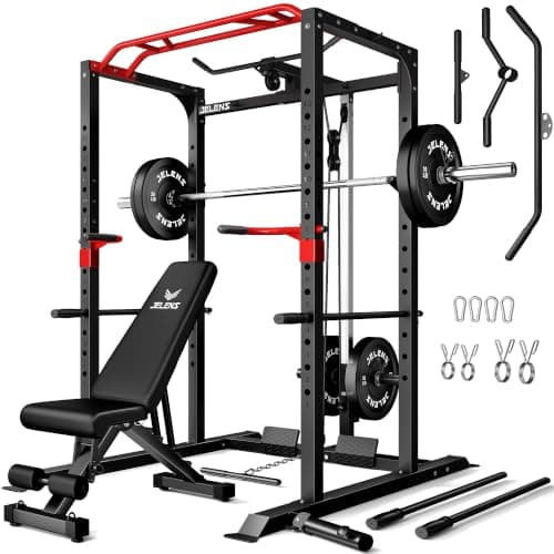 JELENS Power Cage, 2000LBS Multi-Function S11 Power Rack with LAT Pulldown, Squat Rack with More Training Attachments, Weight Workout Machine for Home Gym (140LB Black Weights Package)
