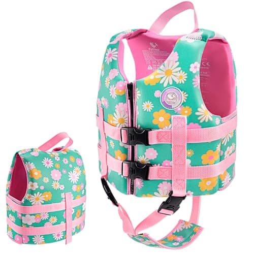 Pottwal Swim Vest for Kids - Swim Jacket for 4-6 Years (39.5-55LBS) - Puddle Jumper with Adjustable Crotch Strap - Made of Neoprene & EPE - Green Flowers