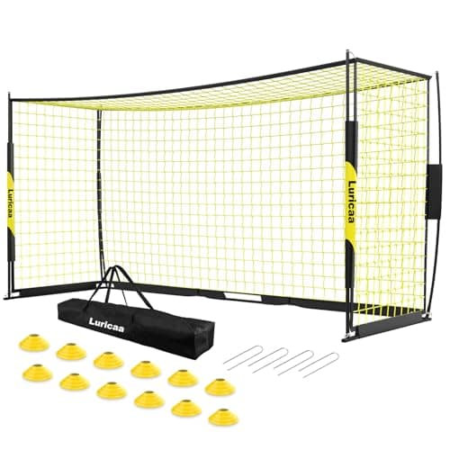 Collapsible Soccer Goal, 12×6 ft /16×7 ft Portable Soccer Goal Net for Backyard, Quick Setup Soccer Goals with 1 Carry Bag, 4 Ground Nails,12 Training Cones (Black Yellow)
